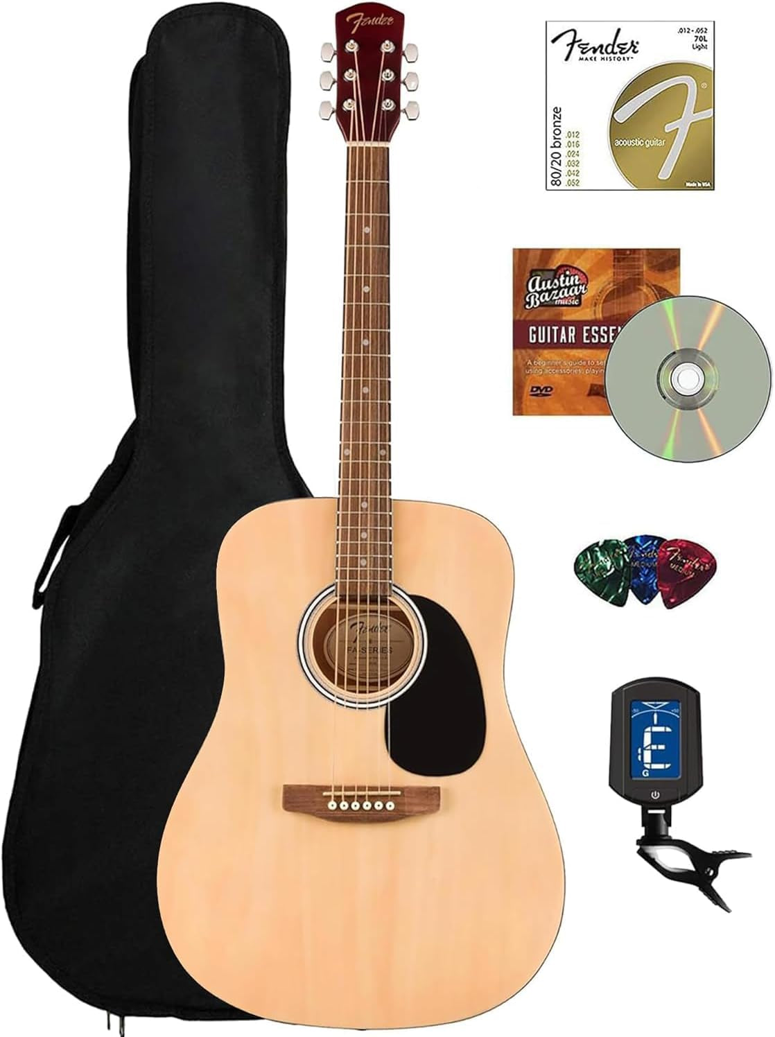 Dreadnought Acoustic Guitar - Natural Bundle with Gig Bag, Tuner, Strings, Picks,  Play Online Lessons, and Austin Bazaar Instructional DVD