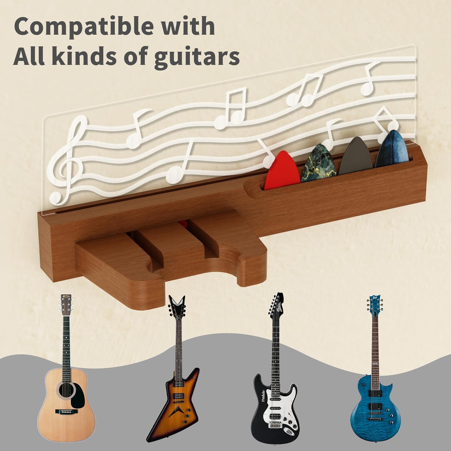 Guitar Wall Mount Stand with LED Lights - Solid Wood & Acrylic Usb-Powered Guitar Accessories - Gift for Men, Guitar Players, Music Lovers (For Acoustic, Electric Bass, Ukulele)