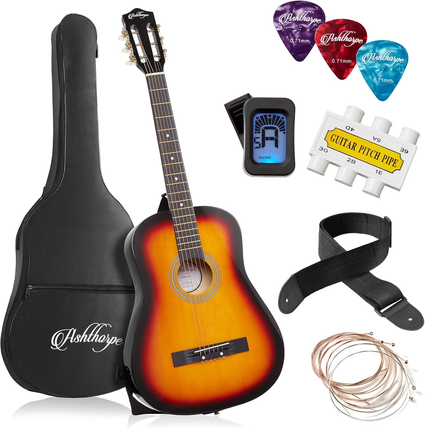 38-Inch Beginner Acoustic Guitar Package (Sunburst), Basic Starter Kit W/Gig Bag, Strings, Strap, Tuner, Pitch Pipe, Picks