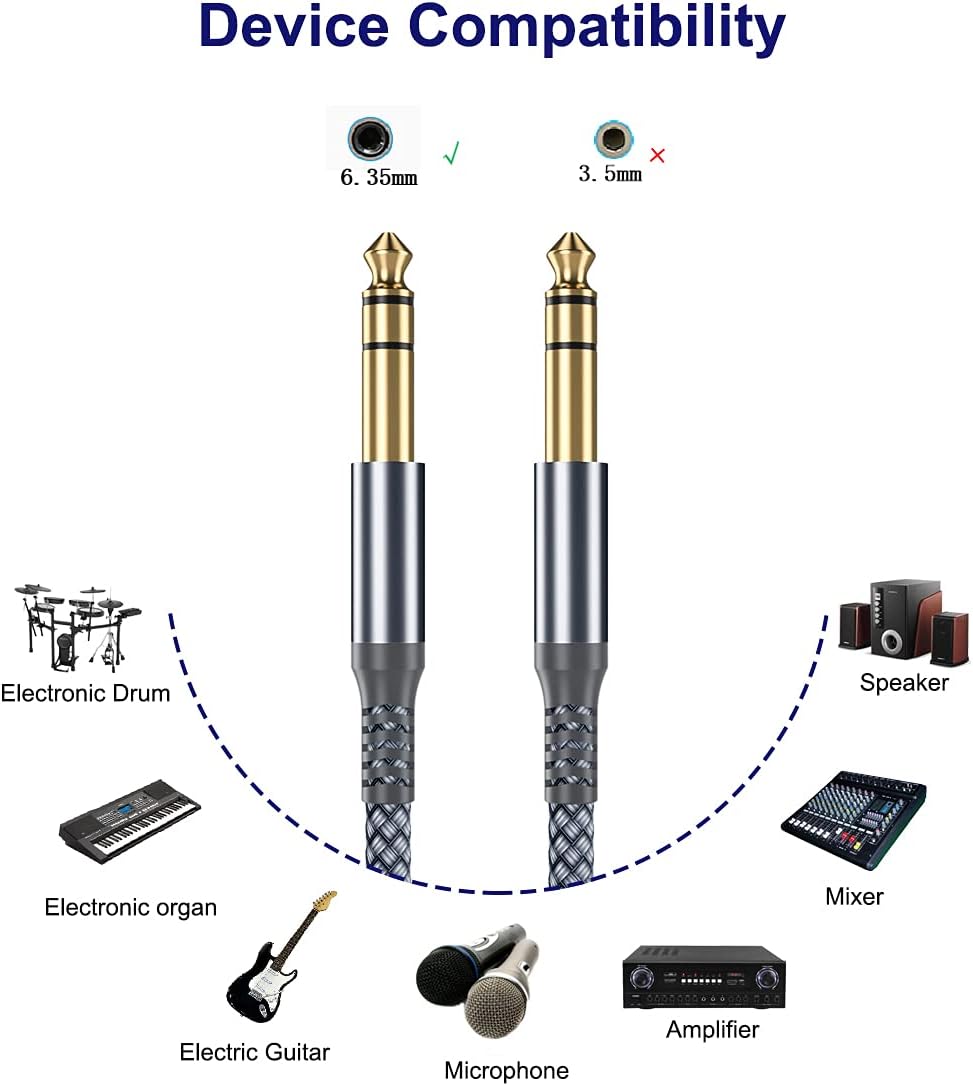 1/4 Inch TRS Instrument Guitar Cable 10Ft 2Pack,Straight 6.35Mm Guitar Bass AMP Cord,Quarter Inch 6.3Mm Male Jack Stereo Audio Balanced Line for Electric Guitar,Bass,Keyboard,Amplifier,Speaker