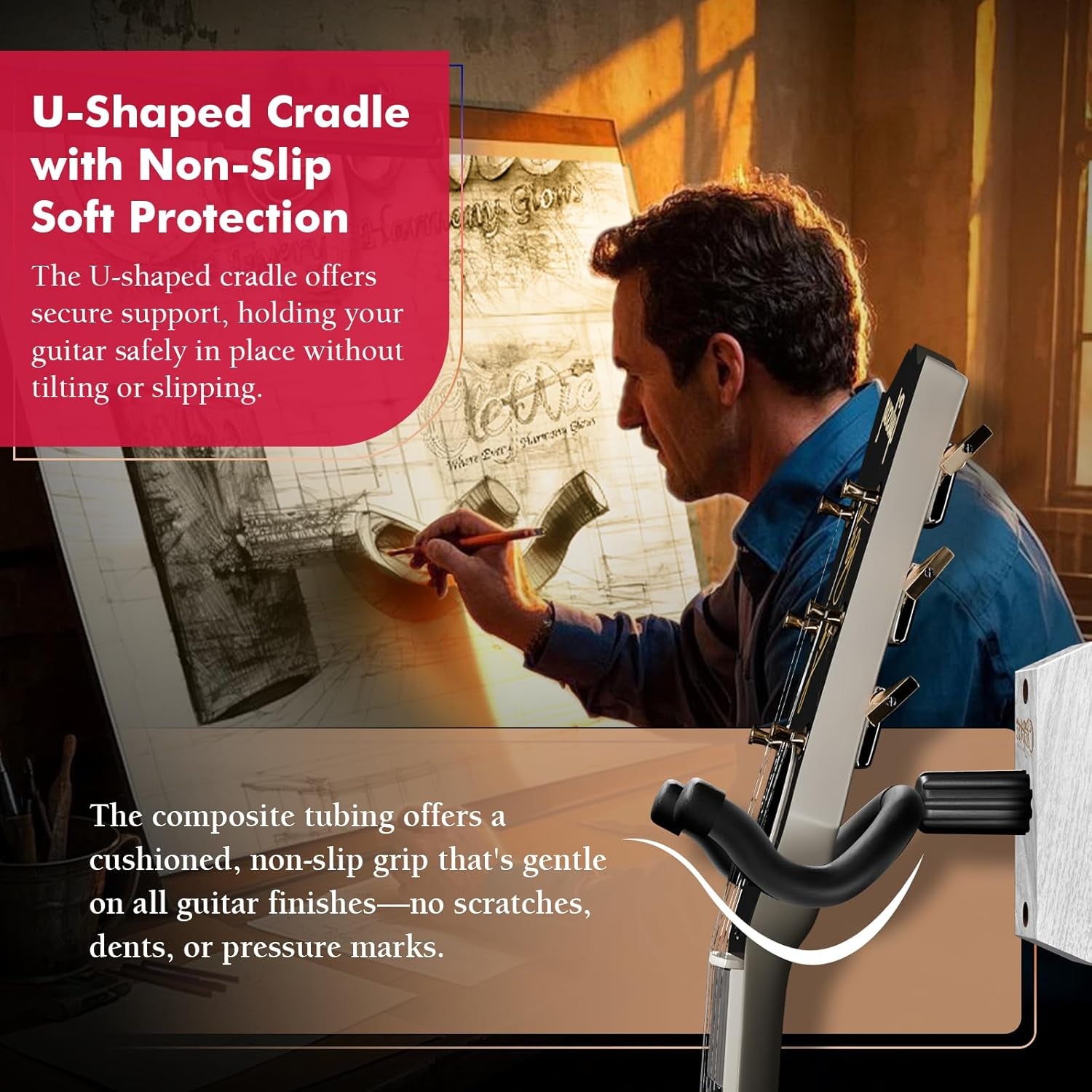 Guitar Wall Mount White - 2 Pack Guitar Wall Hangers, Guitar Picks, Pick Holder, Guitar Accessories, U-Shape Hardwood Guitar Hanger, Gifts for Guitarists, with 6 Assorted Guitar Picks