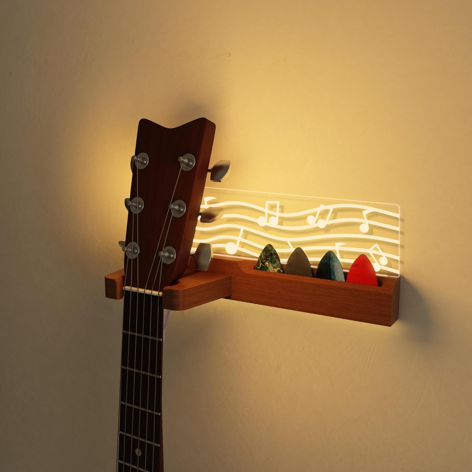Guitar Wall Mount Stand with LED Lights - Solid Wood & Acrylic Usb-Powered Guitar Accessories - Gift for Men, Guitar Players, Music Lovers (For Acoustic, Electric Bass, Ukulele)