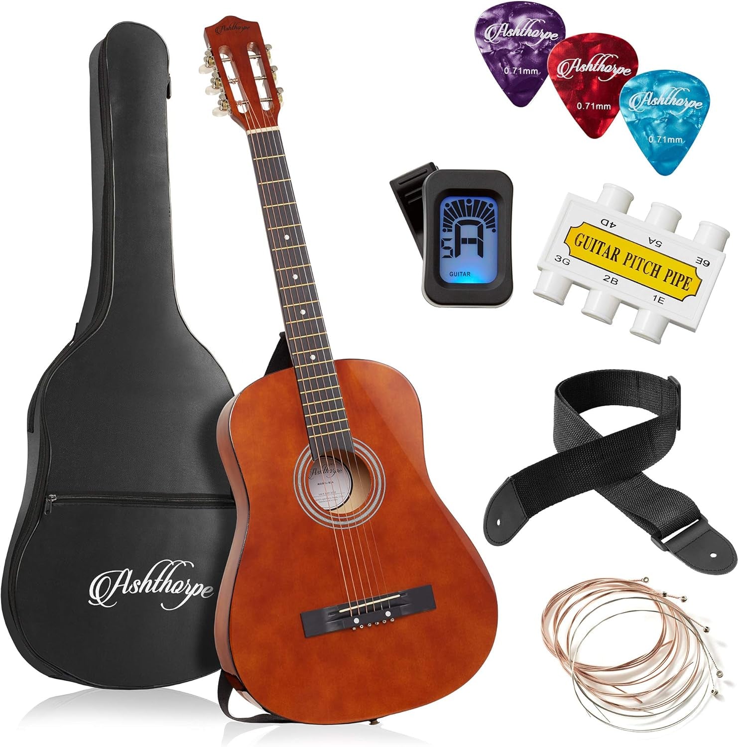 38-Inch Beginner Acoustic Guitar Package (Brown), Basic Starter Kit W/Gig Bag, Strings, Strap, Tuner, Pitch Pipe, Picks