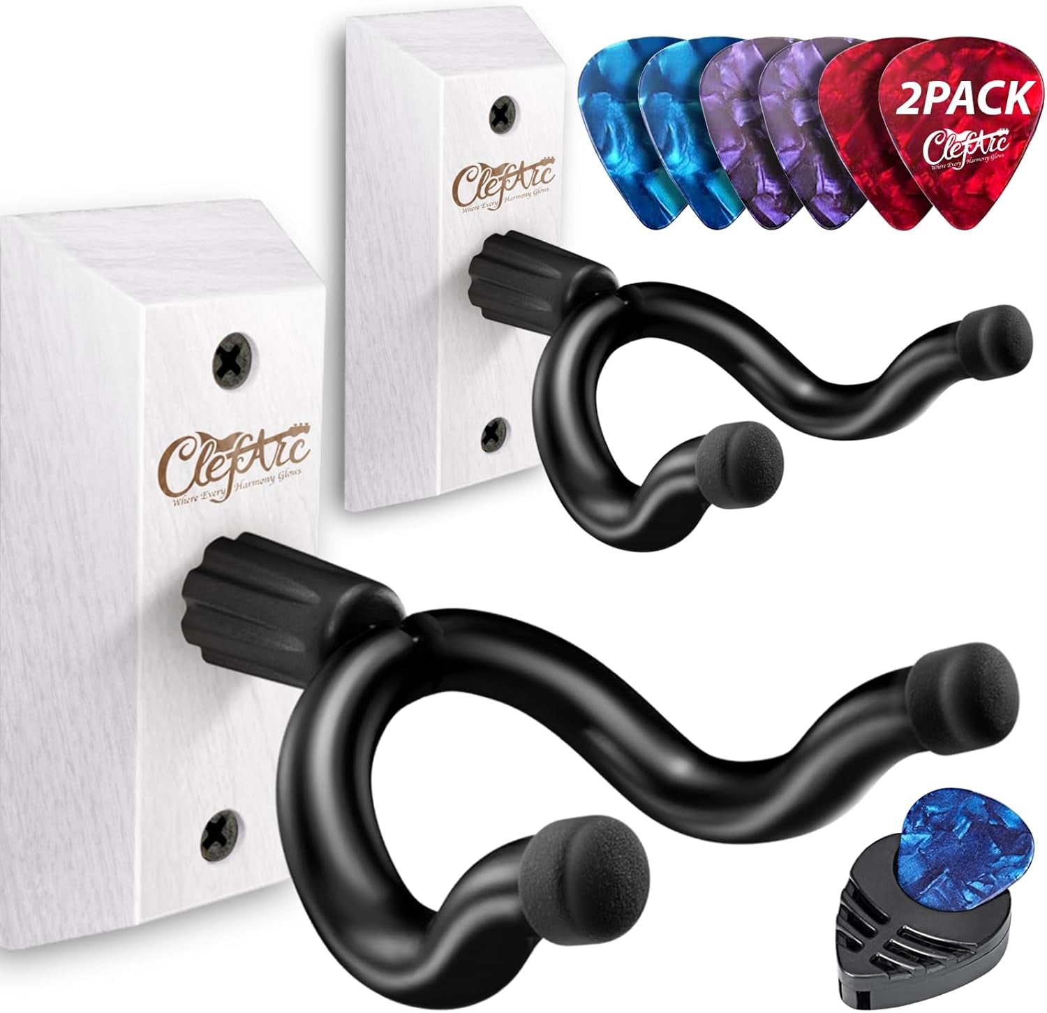 Guitar Wall Mount White - 2 Pack Guitar Wall Hangers, Guitar Picks, Pick Holder, Guitar Accessories, U-Shape Hardwood Guitar Hanger, Gifts for Guitarists, with 6 Assorted Guitar Picks