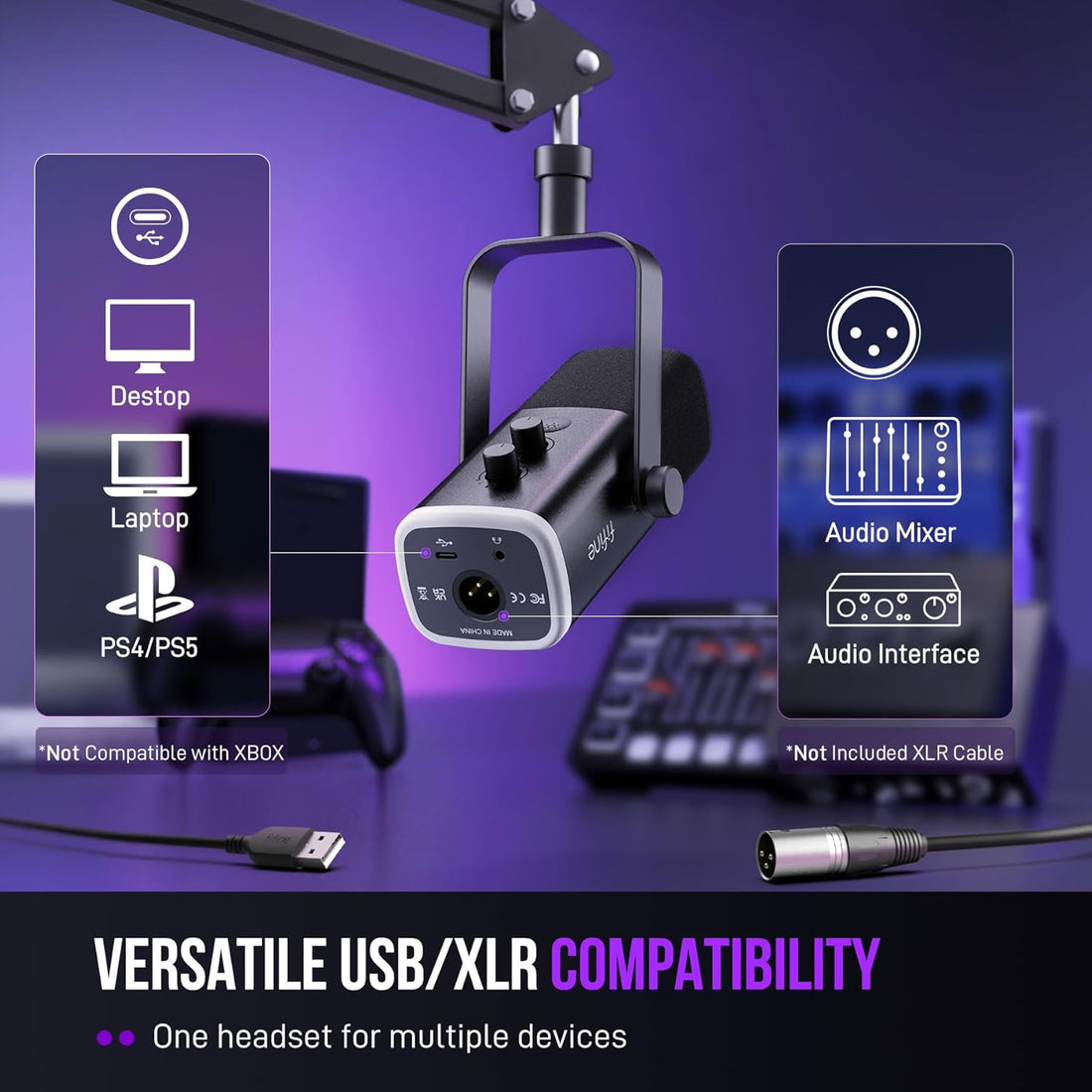 XLR/USB Gaming Microphone Set, Dynamic PC Mic for Streaming Podcasting, Computer RGB Mic Kit with Boom Arm Stand, Mute Button, Headphones Jack, for Recording Vocal Voice-Over-Ampligame AM8T