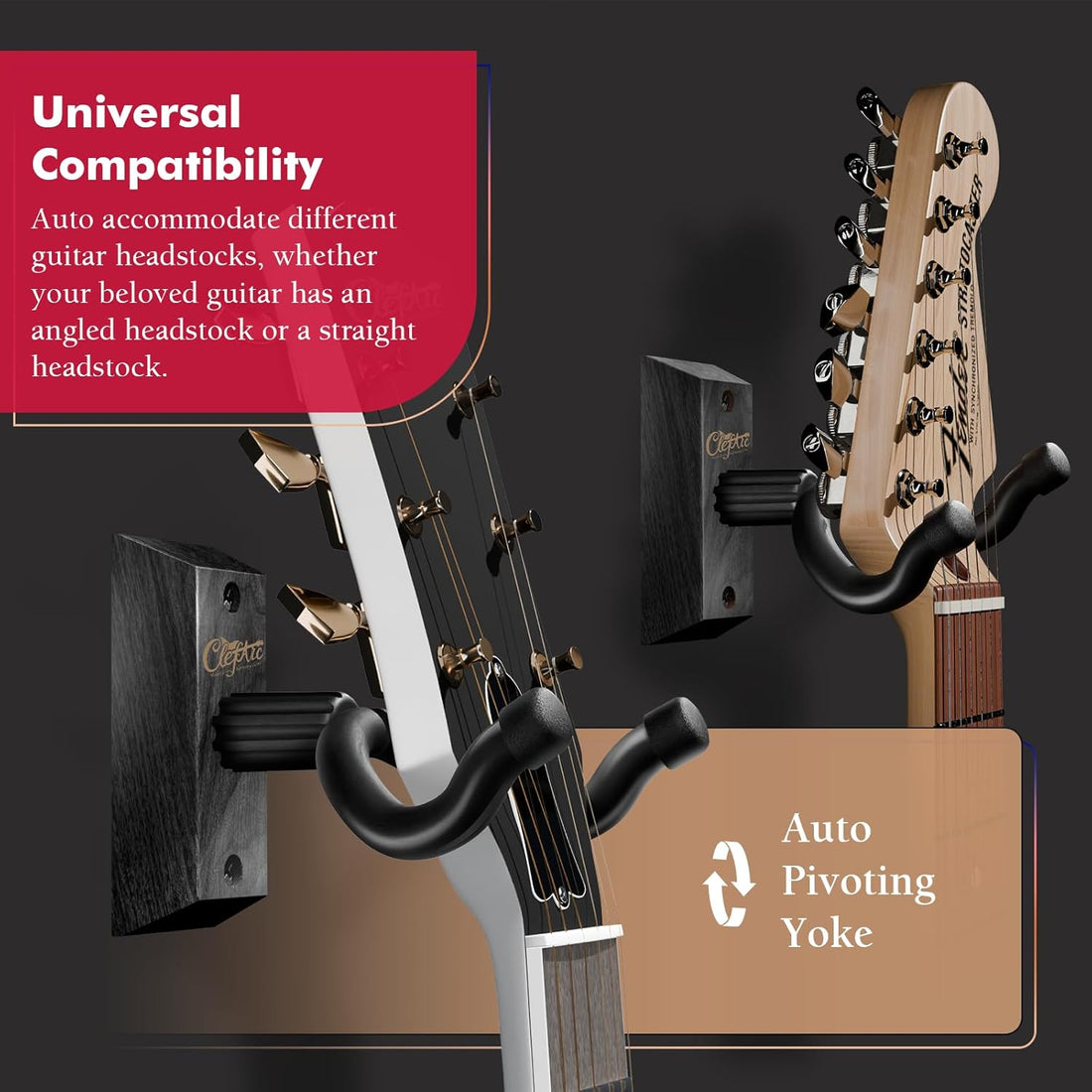 Guitar Wall Mount White - 2 Pack Guitar Wall Hangers, Guitar Picks, Pick Holder, Guitar Accessories, U-Shape Hardwood Guitar Hanger, Gifts for Guitarists, with 6 Assorted Guitar Picks