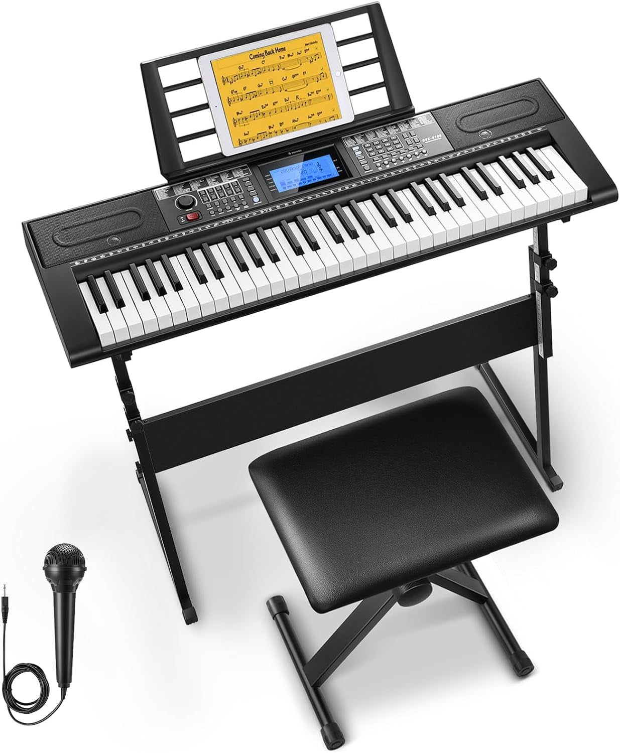 61 Key Keyboard Piano, Electric Piano Keyboard Kit with 249 Voices, 249 Rhythms - Includes Piano Stand, Stool, Microphone, Gift for Beginners, Black (DEK-610S)